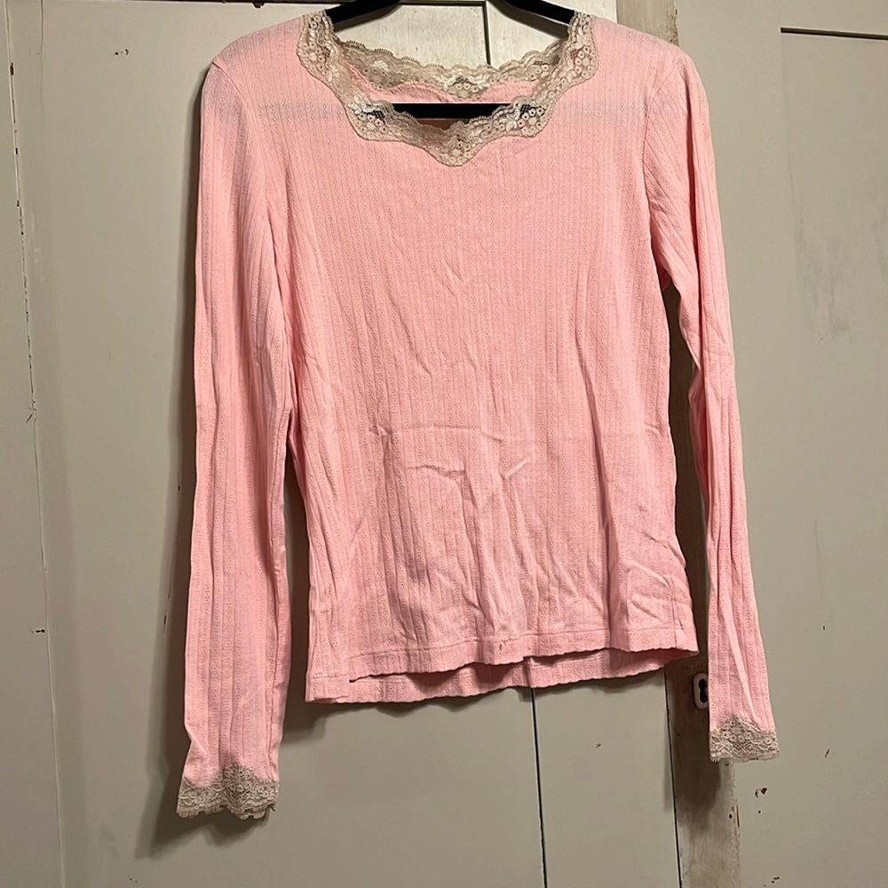 Vintage pink top J. Jill long sleeve tee with lace size Small